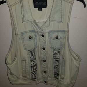 Denim Vest western print white wash denim